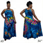 Tie-dye dress shown from front and back on a model with visible measurements. SanJules
