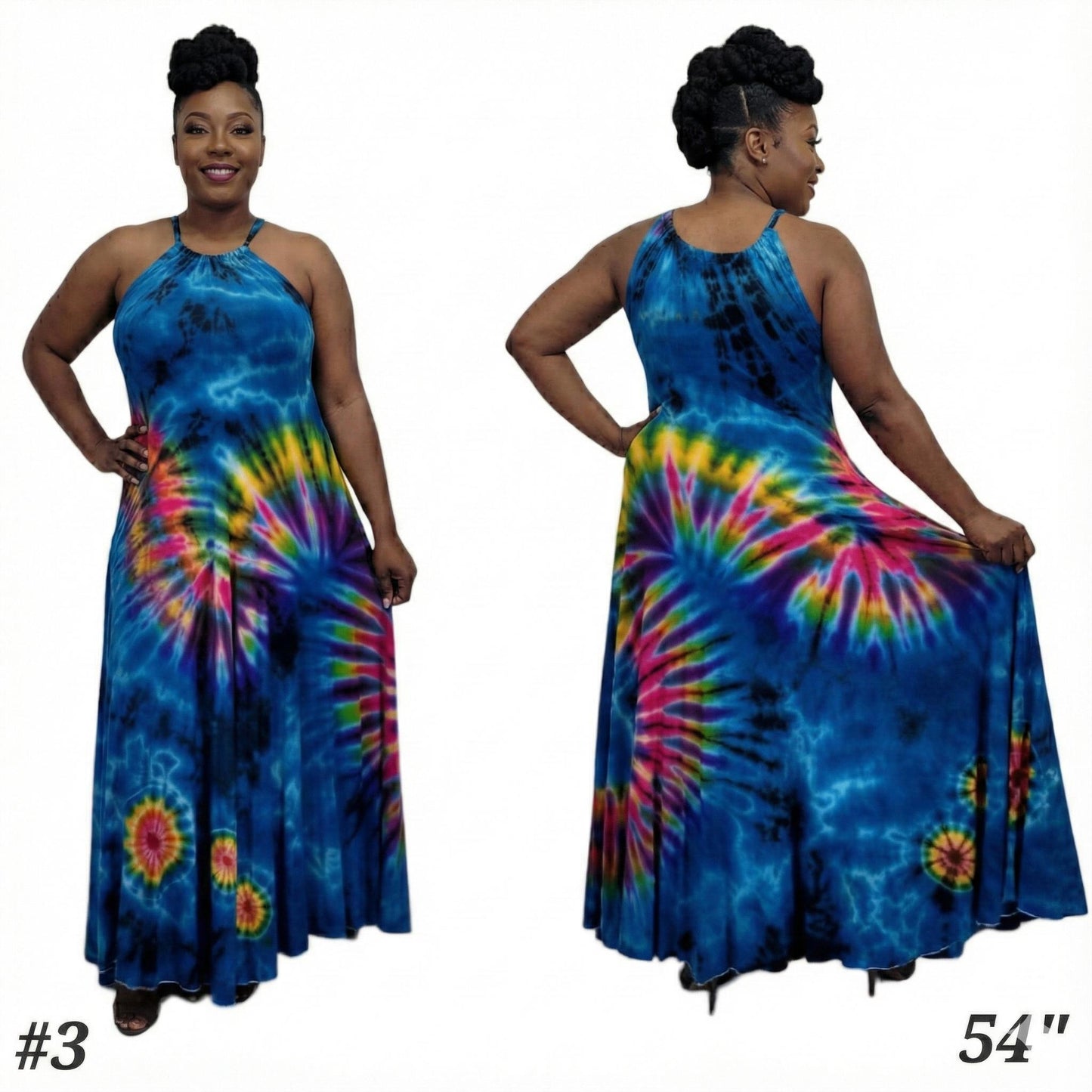 Tie-dye dress shown from front and back on a model with visible measurements. SanJules