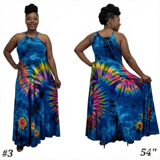 Tie-dye dress shown from front and back on a model with visible measurements. SanJules