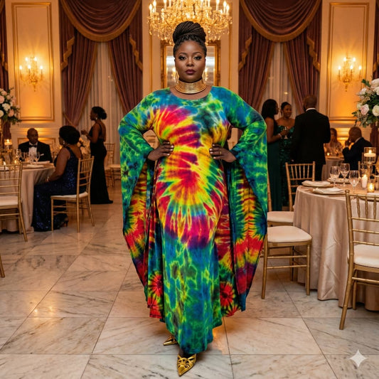 Woman wearing tie dye dress with elongated sleeves-Sanjules