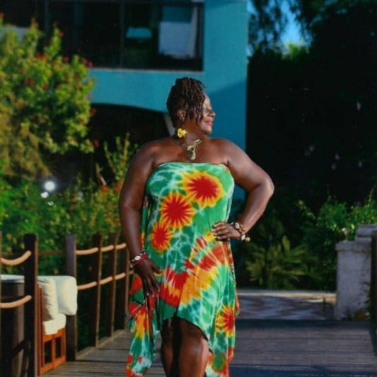 Mini Diva dress worn by model in garden_Sanjules