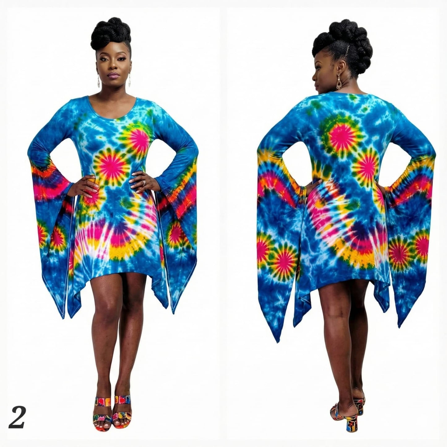 Woman wearing a colorful tie-dye dress with bell sleeves on a white background-Sanjules