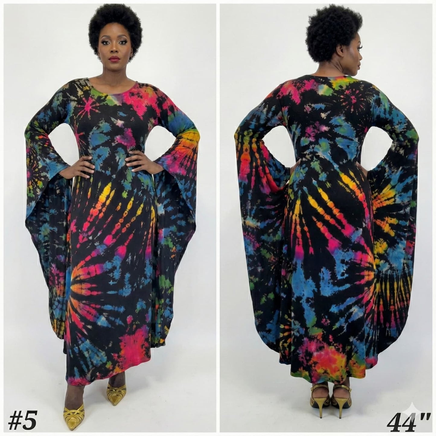 Tie-dye dress shown from front and back on a white background-Sanjules