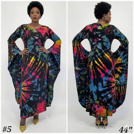 Colorful tie-dye dress with bell sleeves on a white background-Sanjules