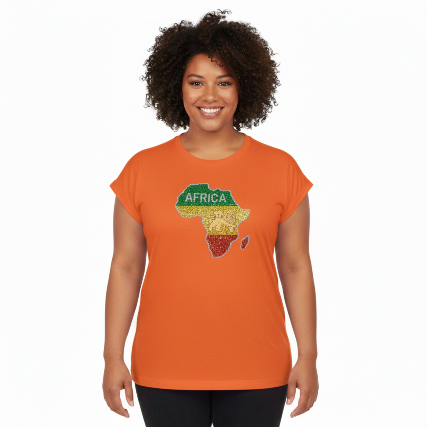 Person wearing an orange t-shirt with a colorful Africa rhinestone map design on a white background