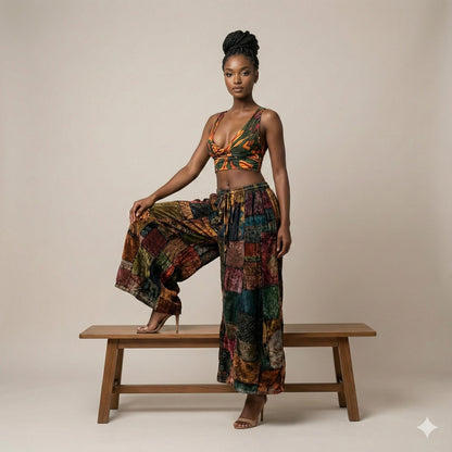 Woman in a patchwork wide leg pants foot resting on a wooden bench against a plain background