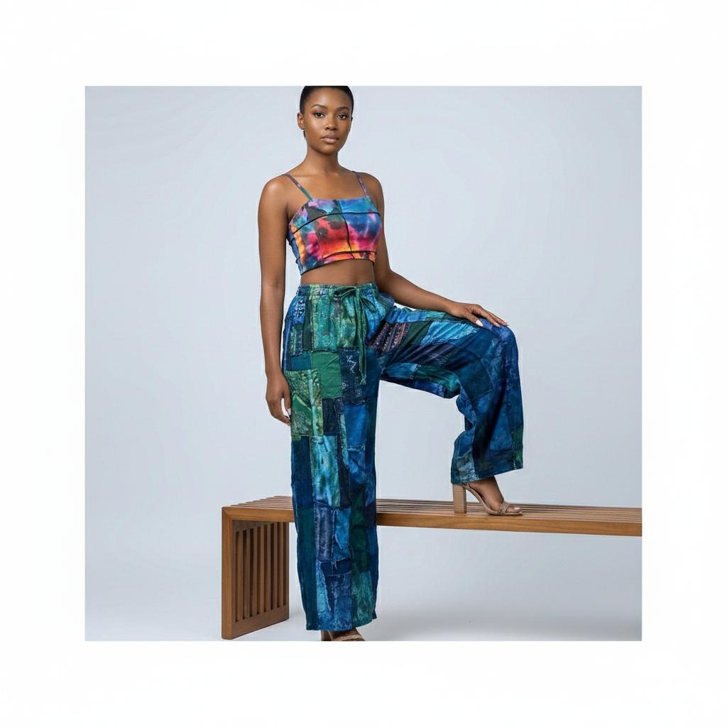 Woman wearing a colorful tie-dye outfit with foot on a wooden bench.