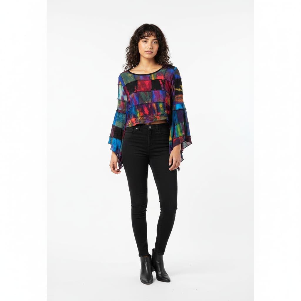 A model wearing a 3/4 sleeve patchwork crop top. SanJules 