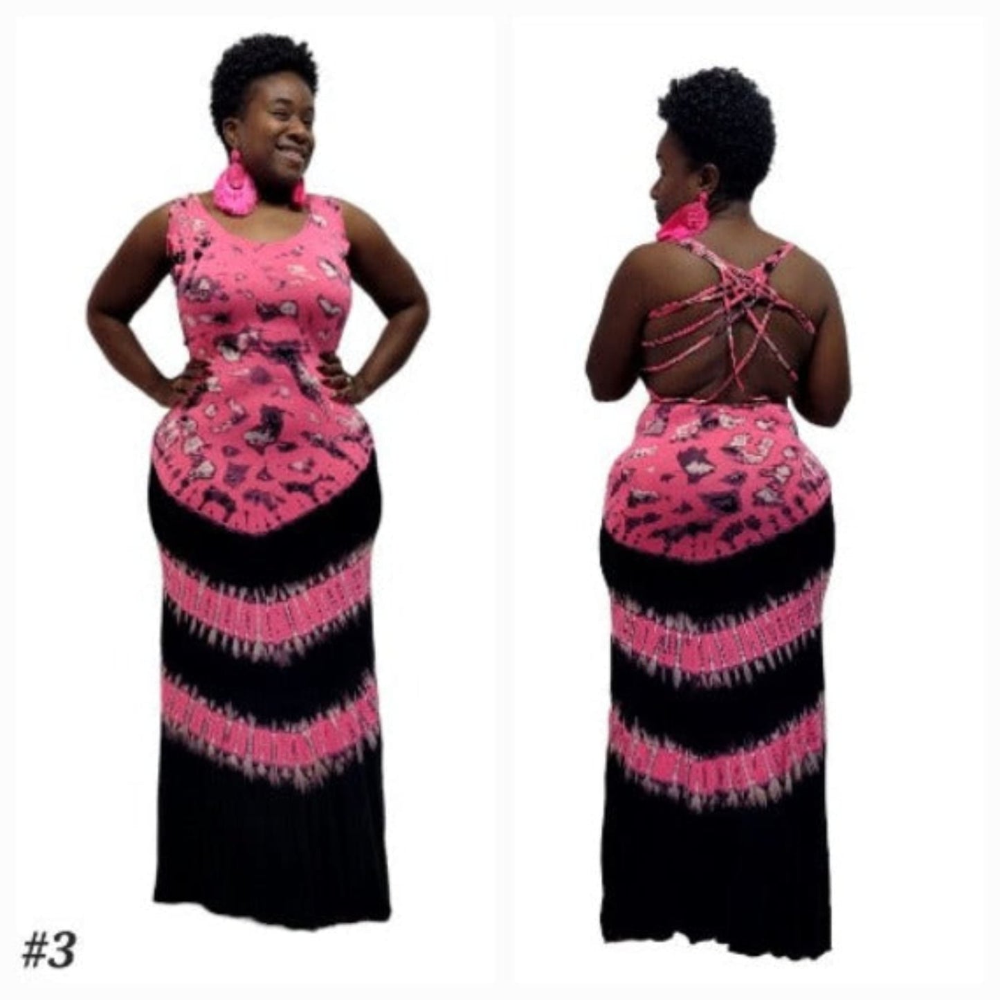 Woman wearing a pink and black tie dye dress, front and back views, on a white background.-Sanjules