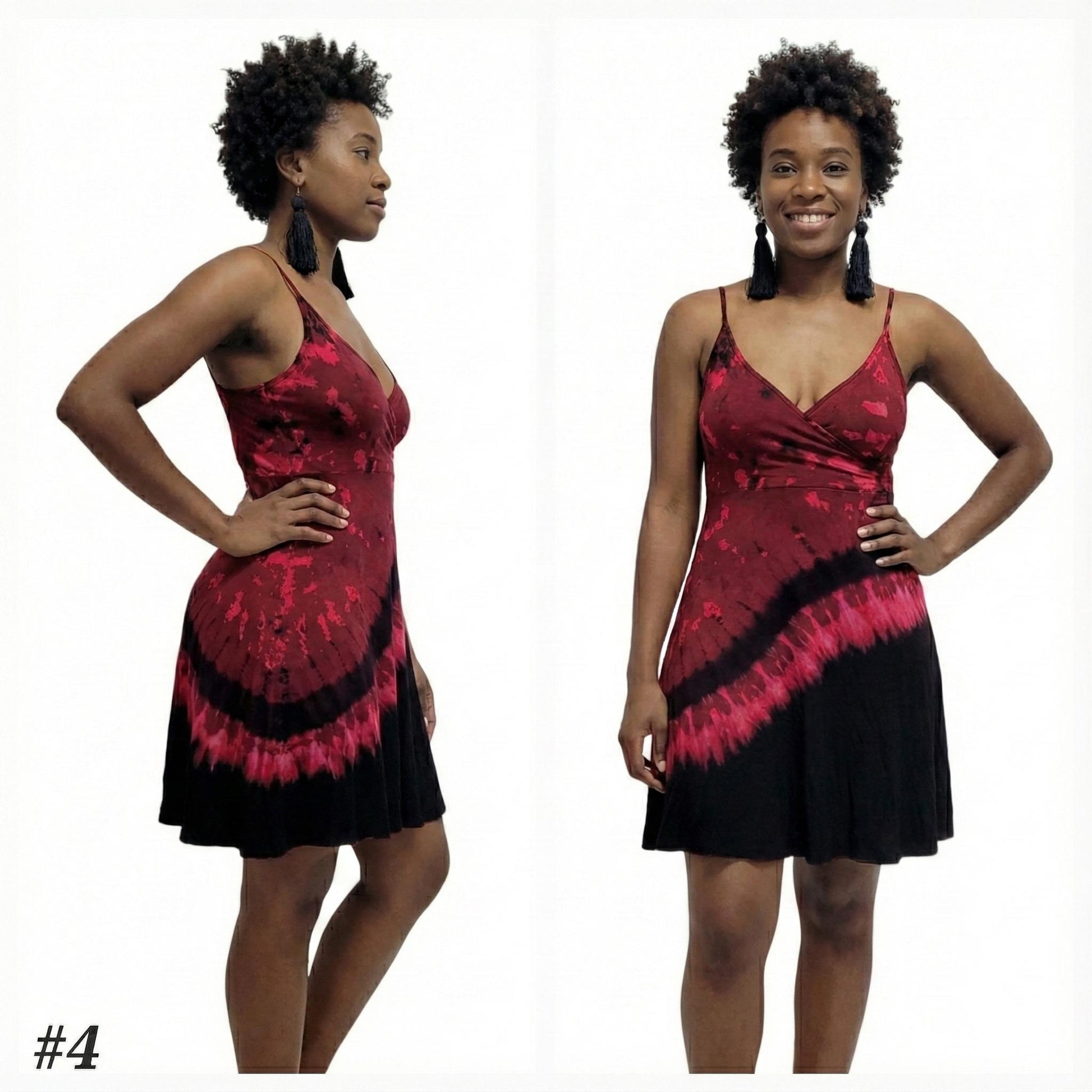 Woman wearing a red and black tie-dye dress on a white background SanJules