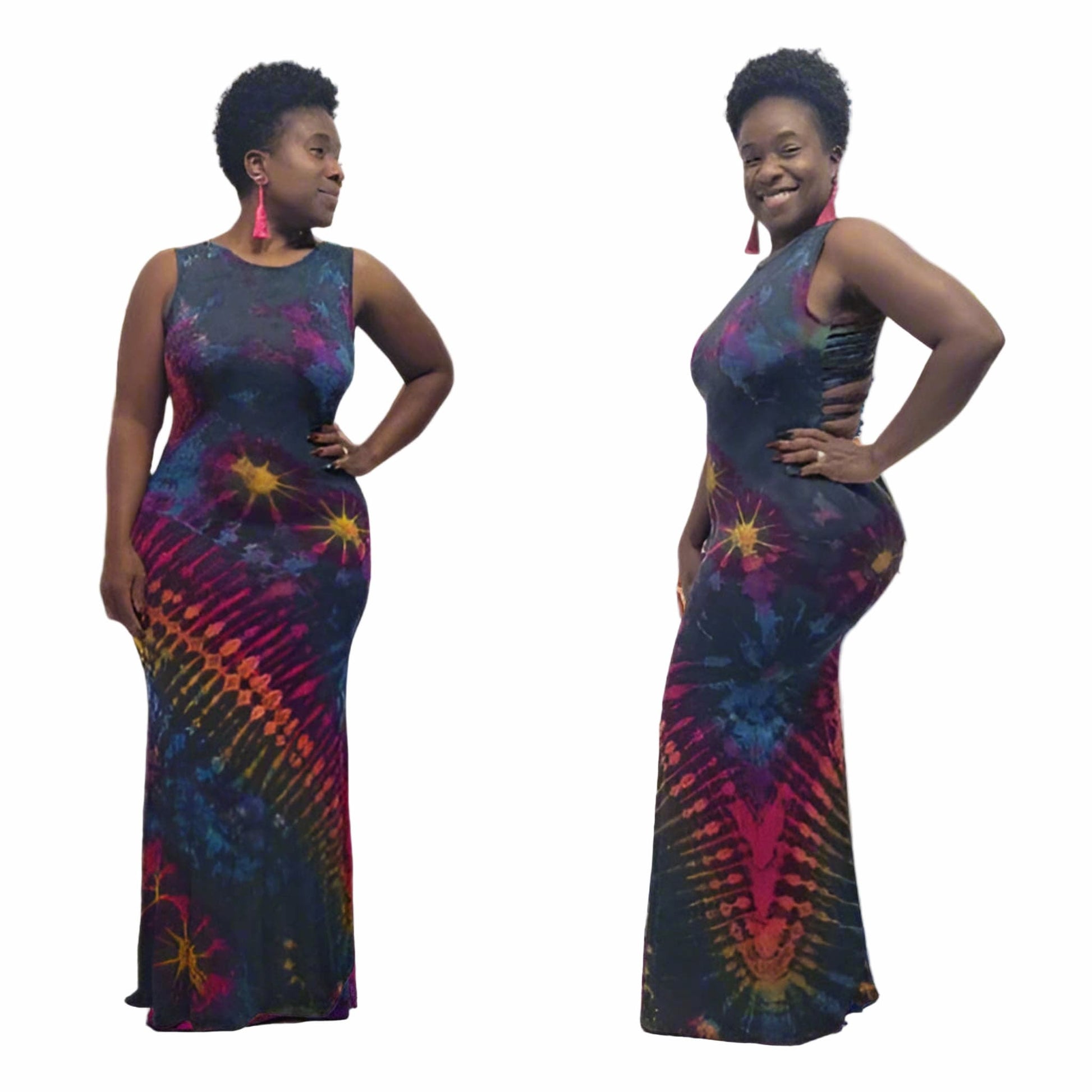 Woman wearing a colorful tie-dye dress on a white background. SanJules