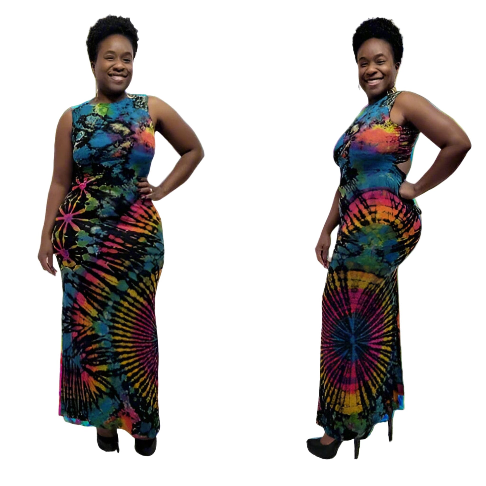 Woman wearing a multi color hand dyed  dress on a white background. SanJules