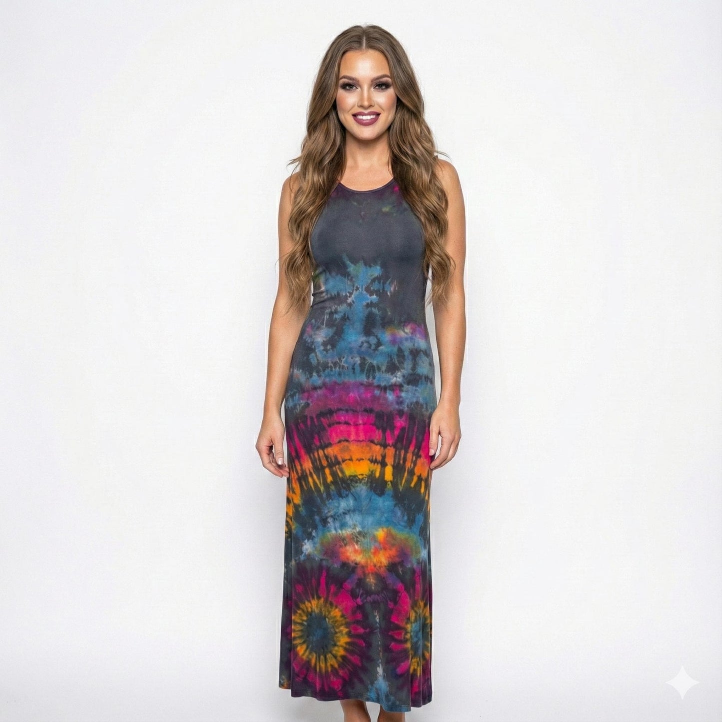 Woman wearing a tie-dye dress on a white background. SanJules