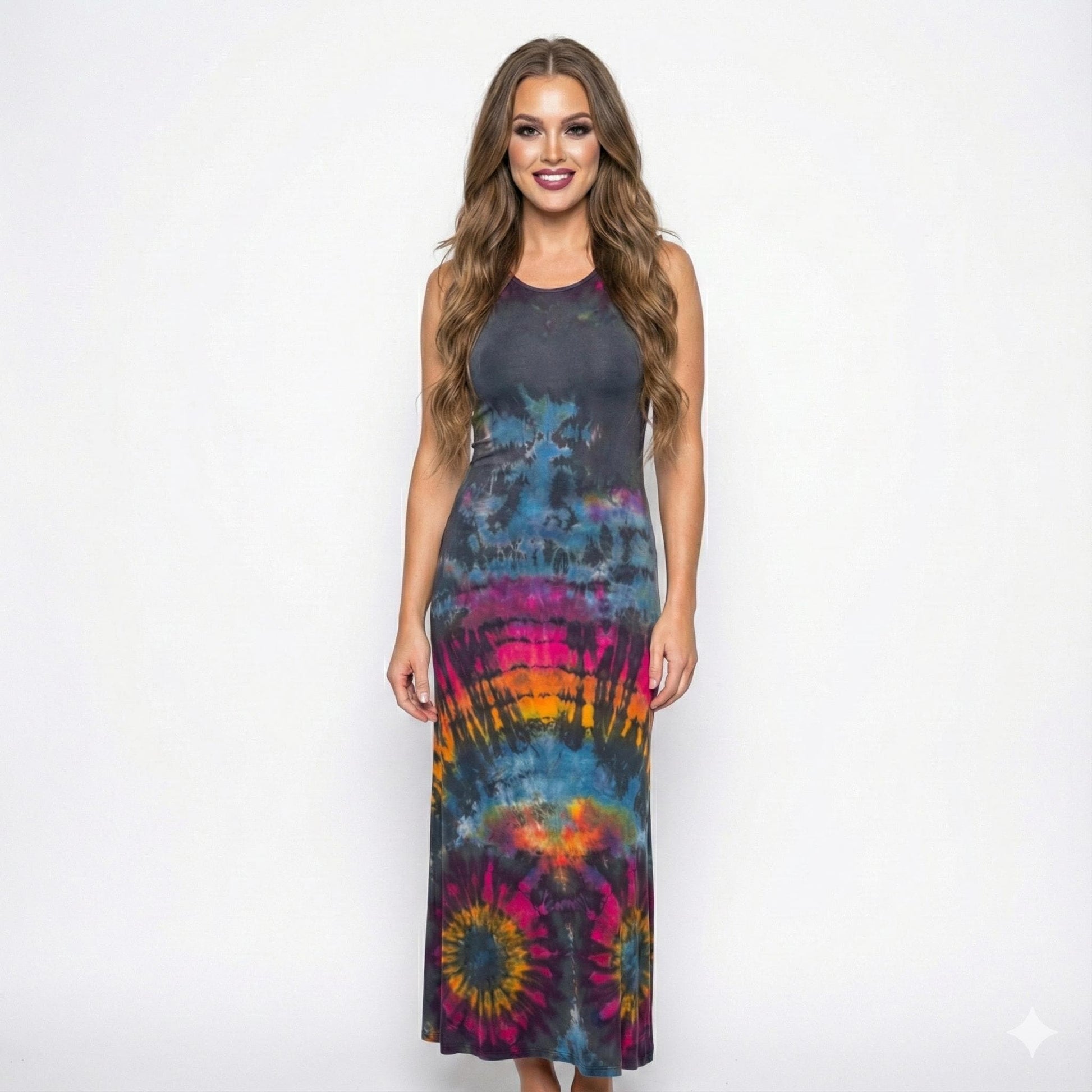 Woman wearing a tie-dye dress on a white background. SanJules