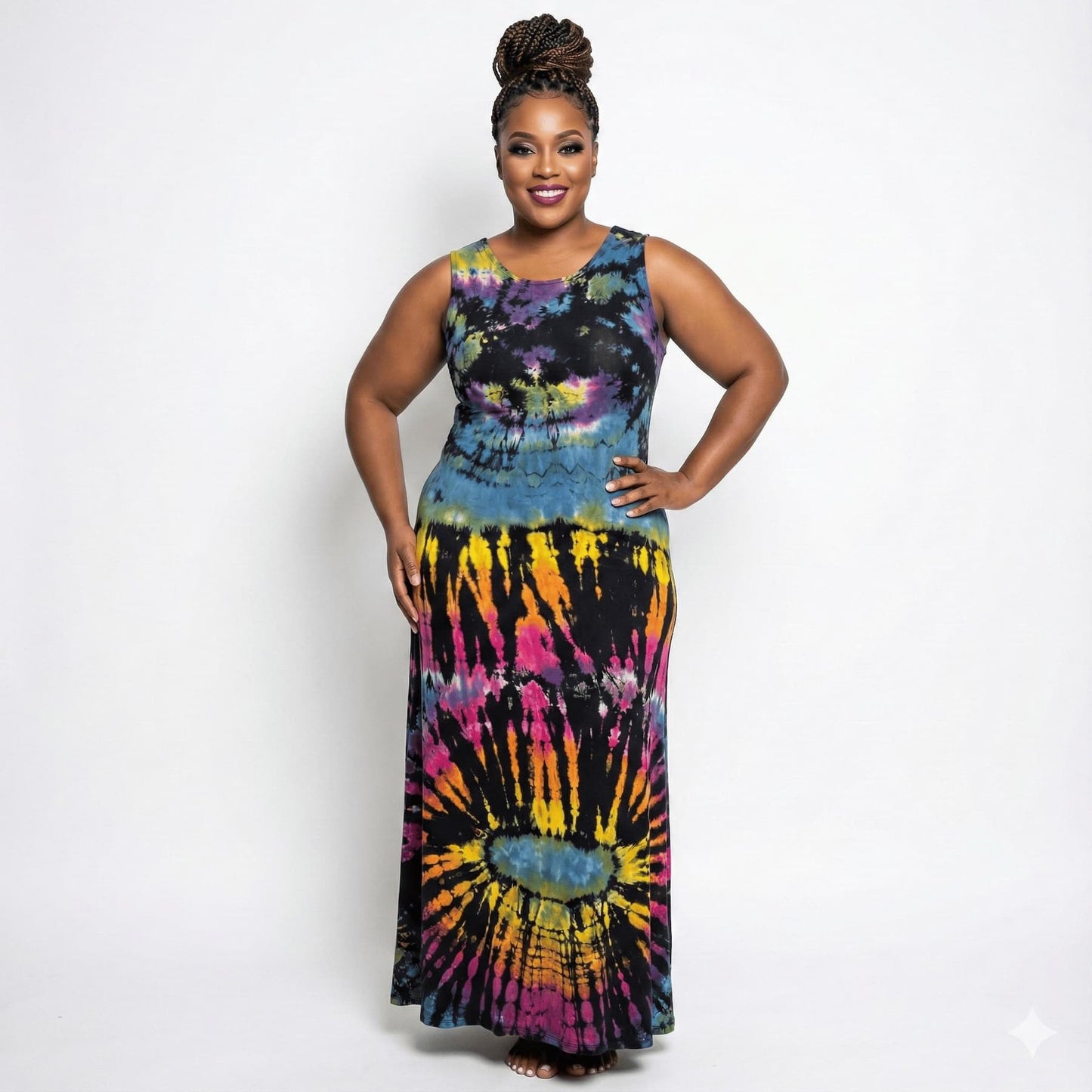 Woman wearing a tie-dye dress on a white background. SanJules