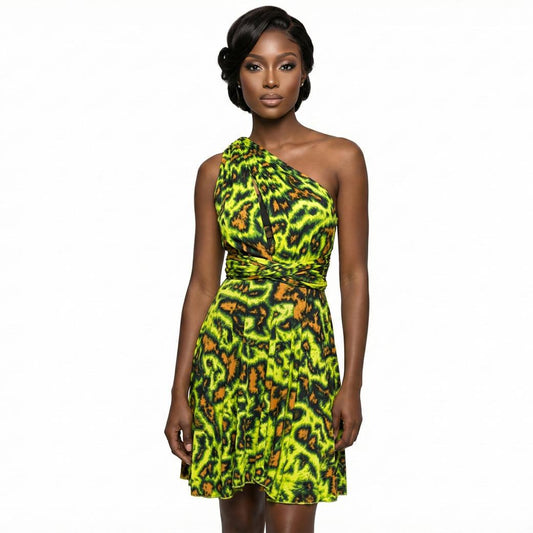 Woman wearing a bright green and orange patterned one-shoulder dress on a white background SanJules 