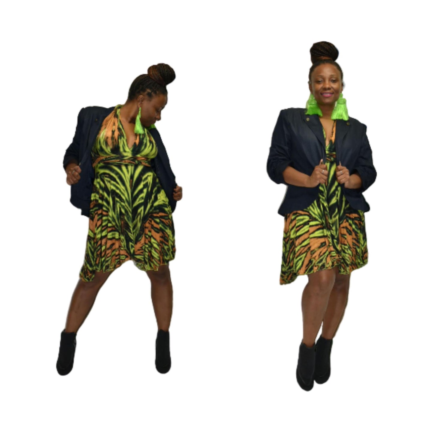 Short wrap dress green/yellow tie dye base -Dresses-SanJules
