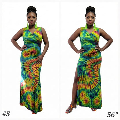 Two models wearing tie-dye dresses on a white background-Sanjules