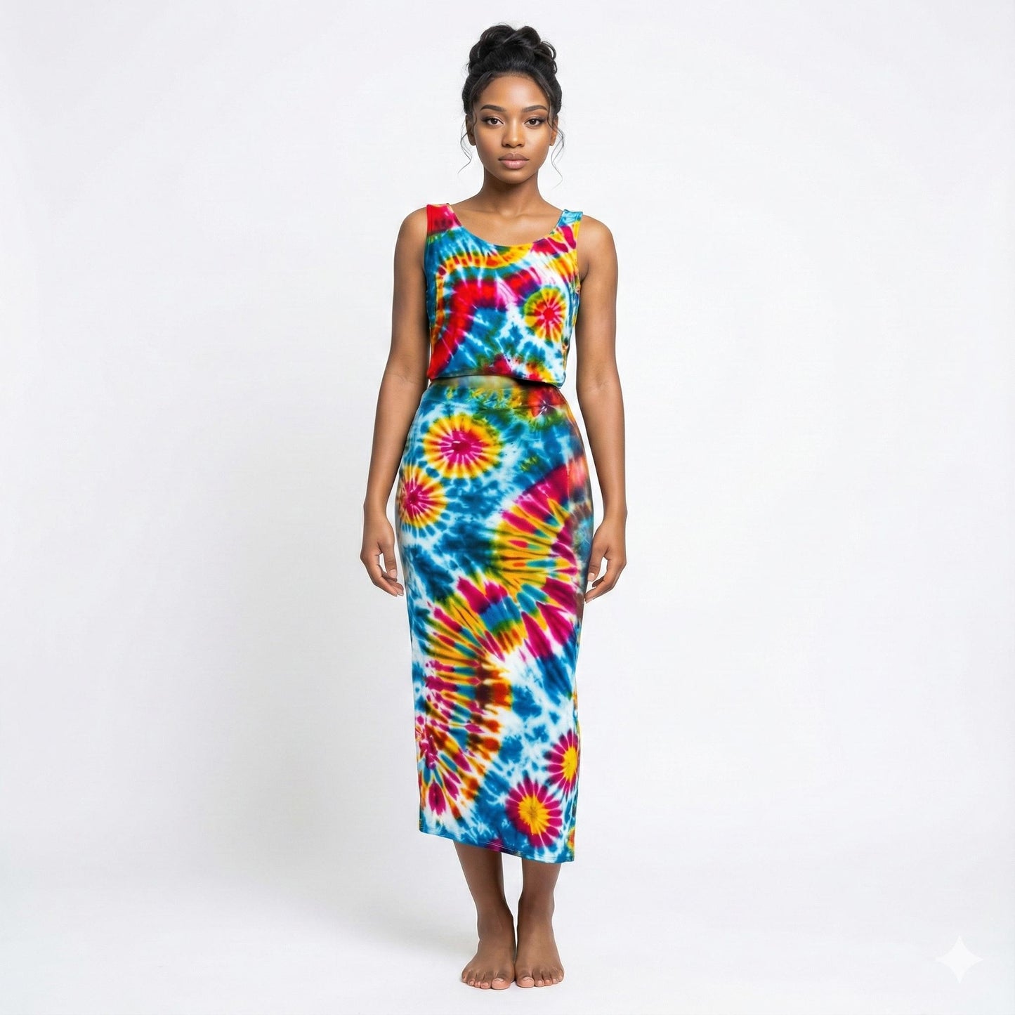 Woman wearing a colorful tie-dye dress on a white background SanJules