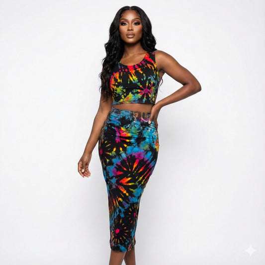 Woman wearing a colorful tie-dye outfit on a white background SanJules
