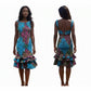 Blue multi color batik dress shown from front and back on a white background.  SanJules