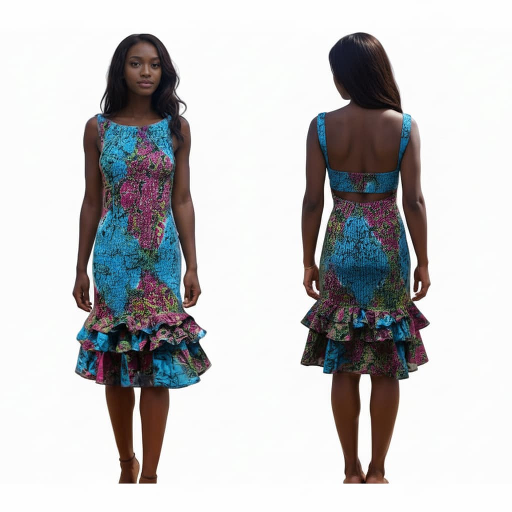 Blue multi color batik dress shown from front and back on a white background.  SanJules