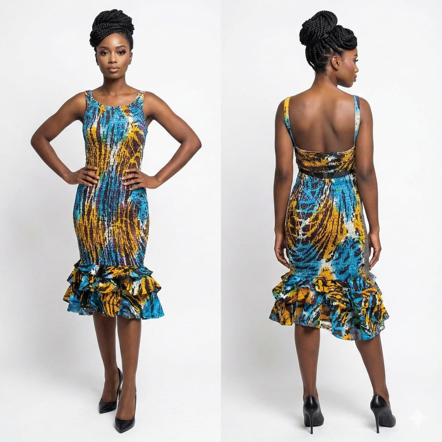 Woman wearing a colorful dress shown from front and back on a white background. SanJules