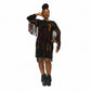 Woman wearing a black dress with orange and red patterns and fringe details . SanJules