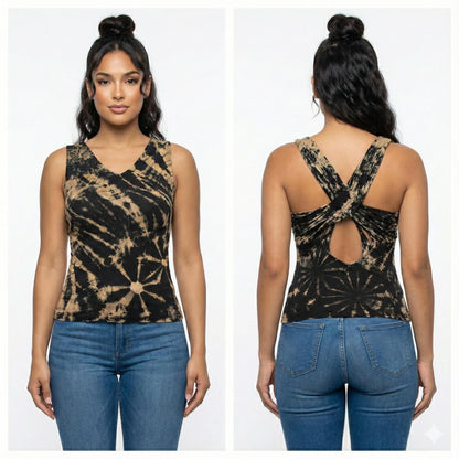 Woman wearing a tie-dye braided X back tank top with a front and back view on a white background