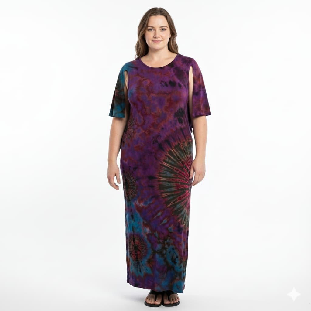 Woman wearing a tie-dye dress on a white background-SanJules