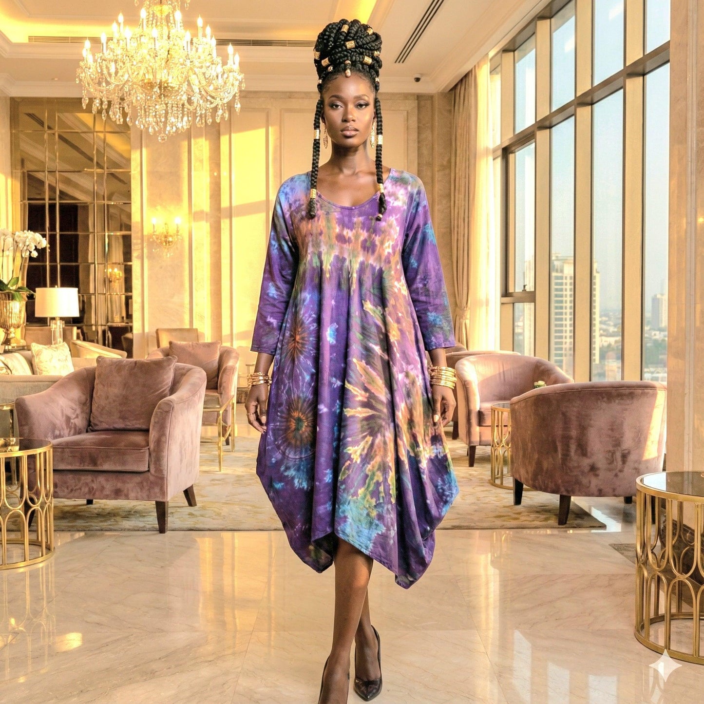 Woman in a colorful dress standing in a luxurious room with chandeliers and large windows. SanJules