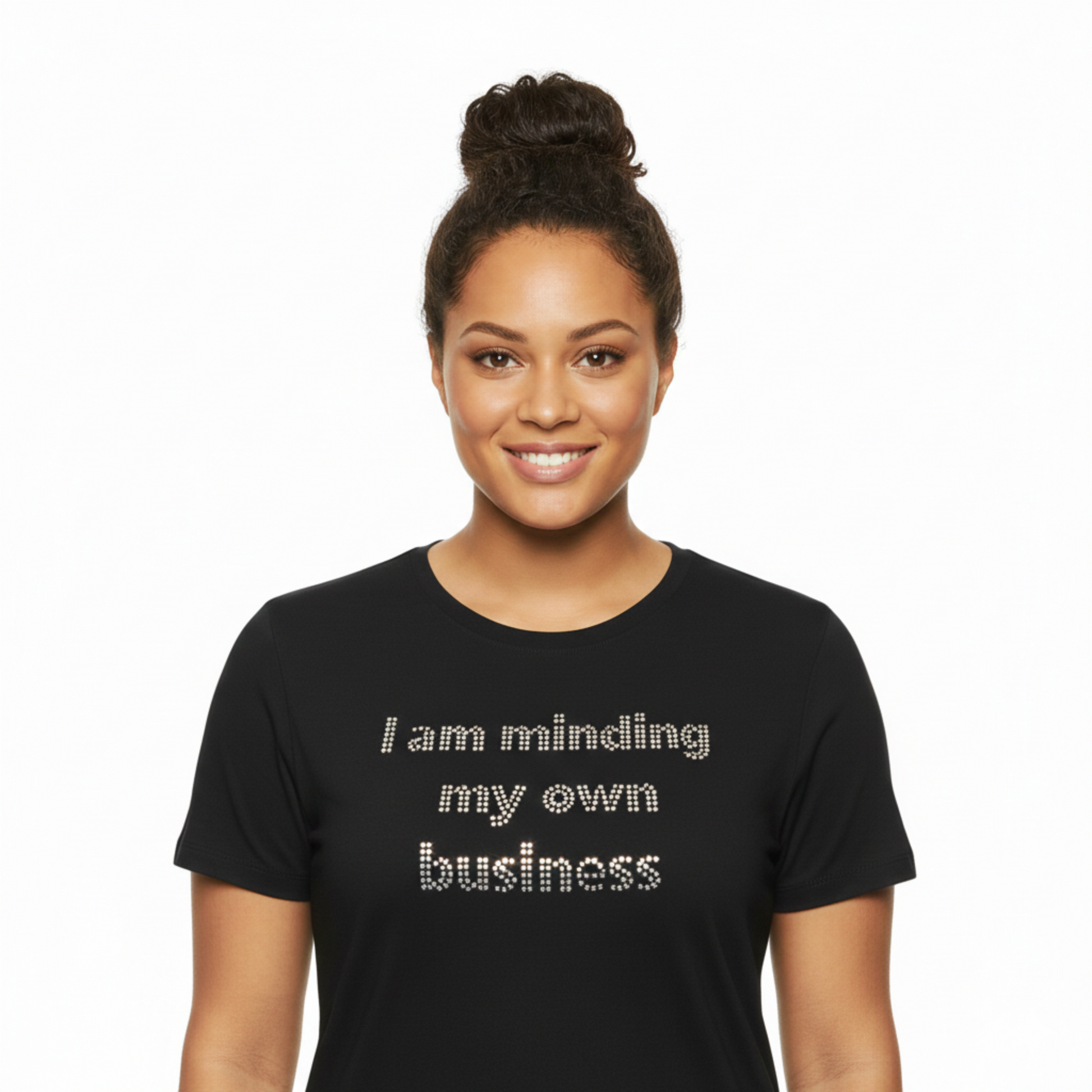 Woman wearing a black t-shirt with 'I am minding my own business' text on a white background
