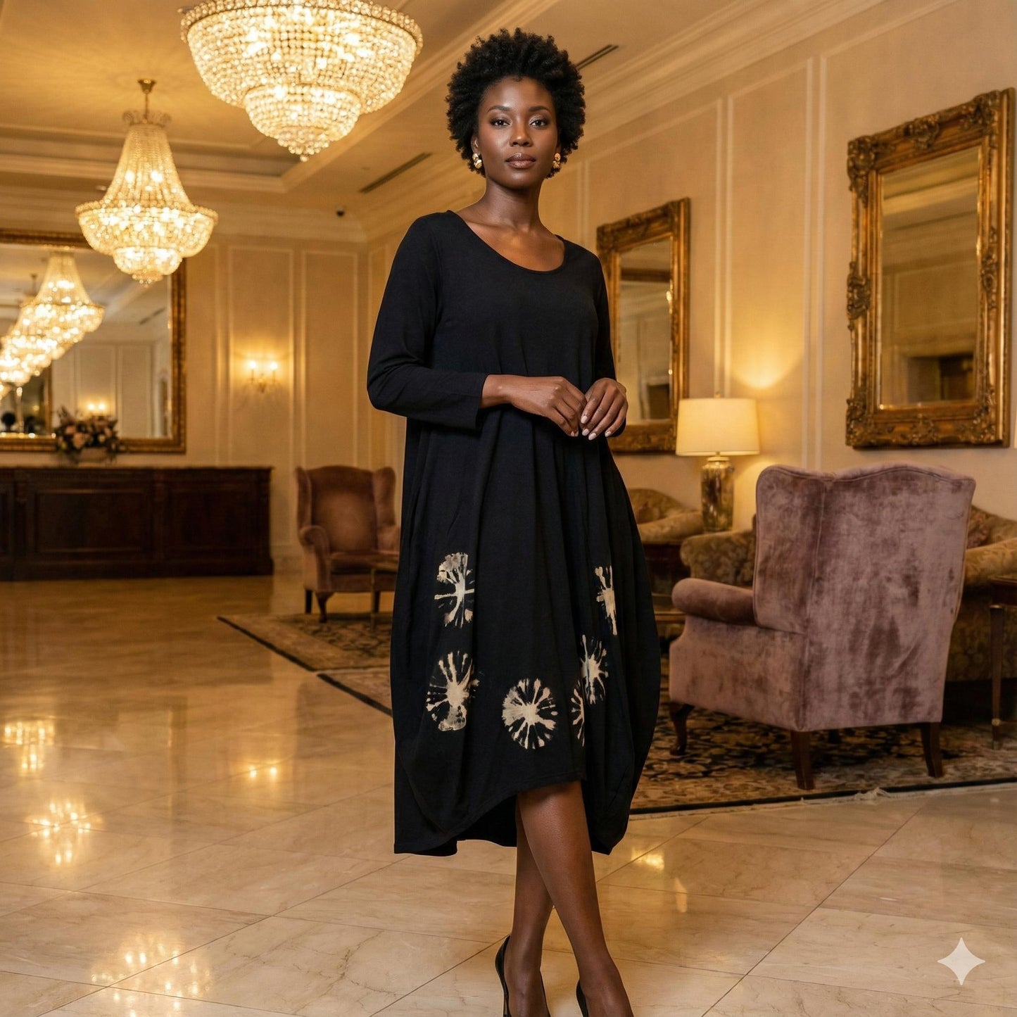 Woman in a wide neck black dress with cream circles at the lower section, standing in an elegant room with chandeliers and mirrors. SanJules