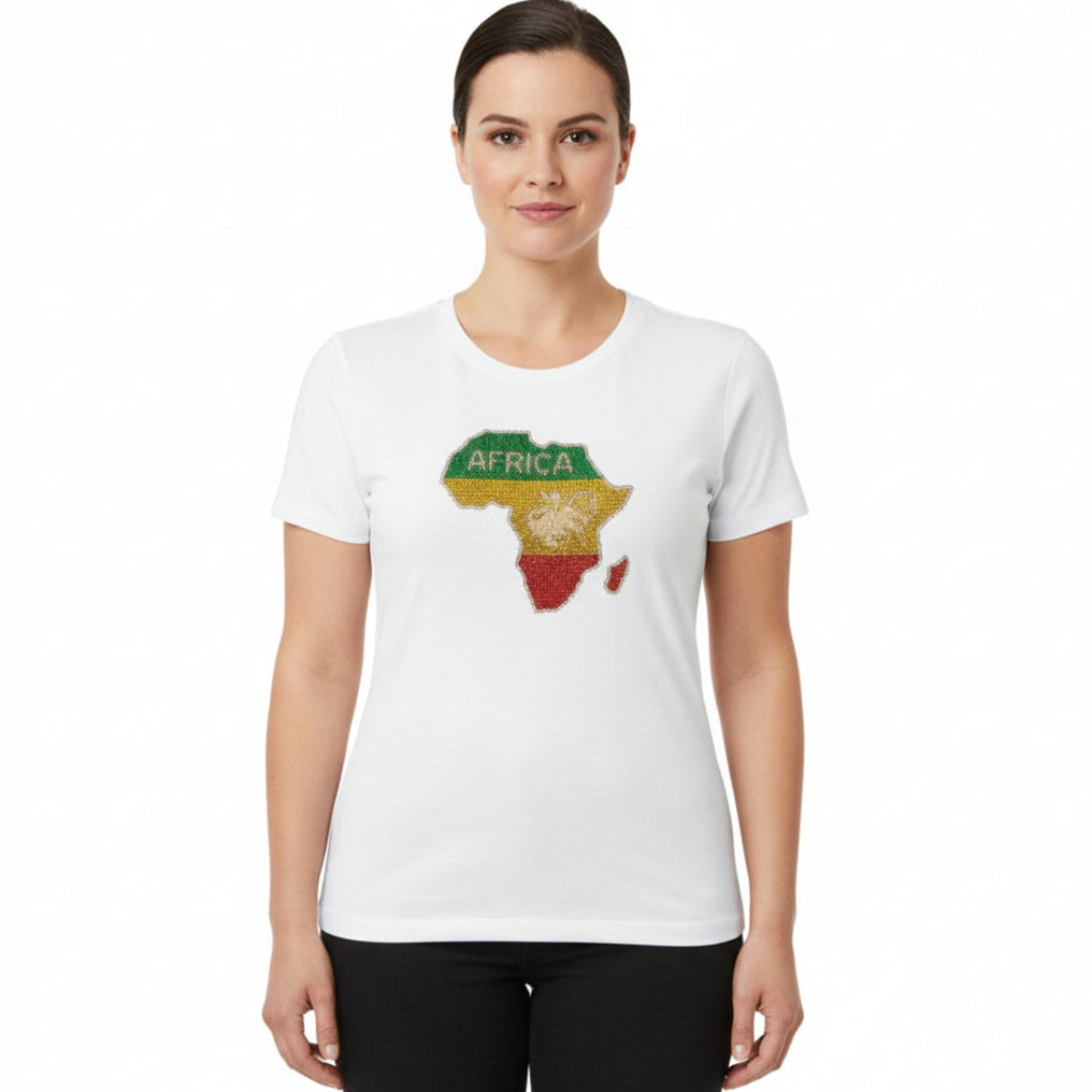 Woman wearing a white t-shirt with a colorful Africa map design on a white background. SanJules
