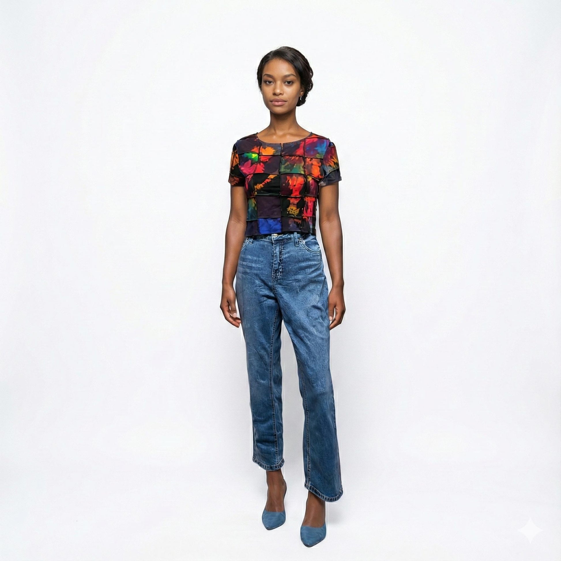 Woman wearing a colorful patchwork top and blue jeans on a white background