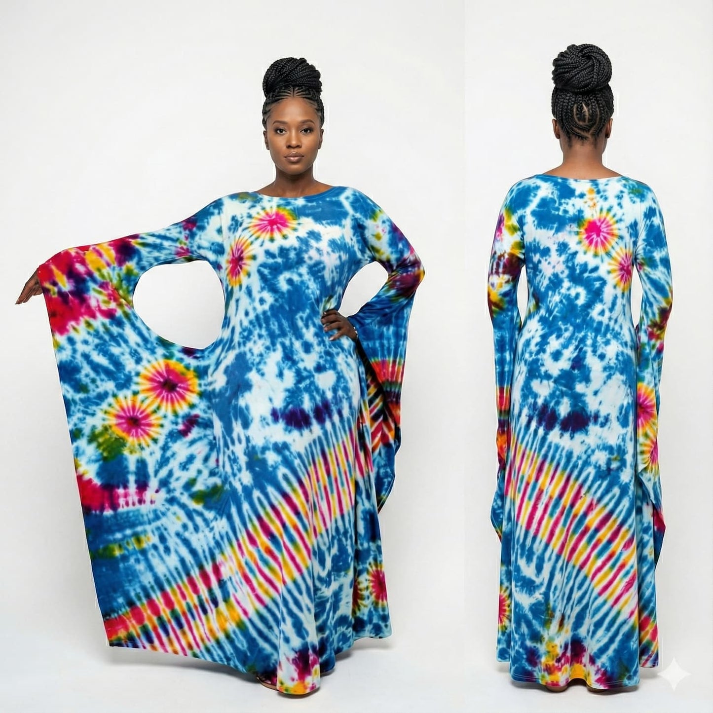 Woman wearing a colorful tie-dye dress from front and back views on a white background-Sanjules