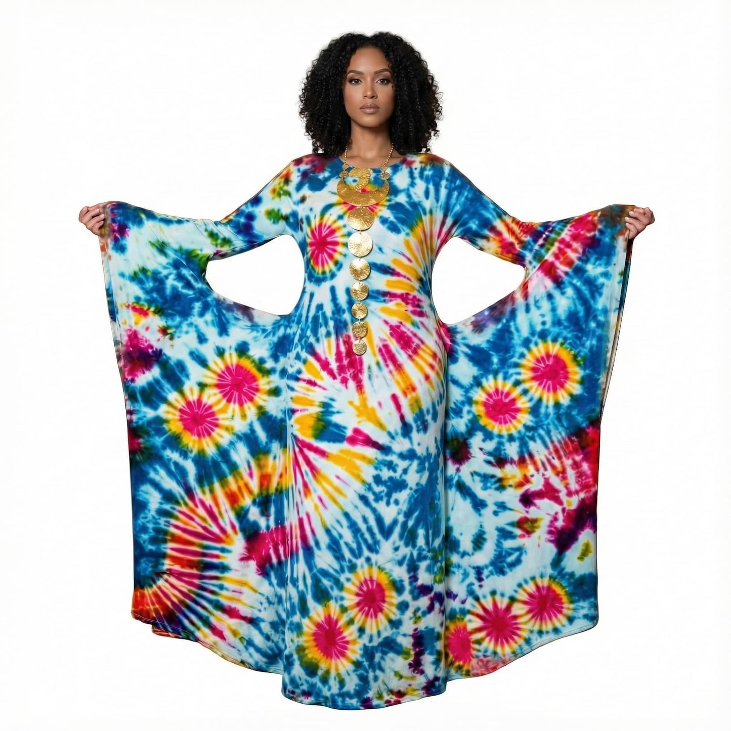 Woman wearing a colorful tie-dye dress with a white background-Sanjules