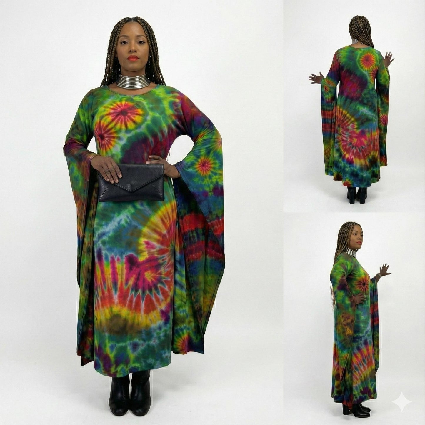 Multicolored tie-dye dress worn by a model on a white background  SanJules