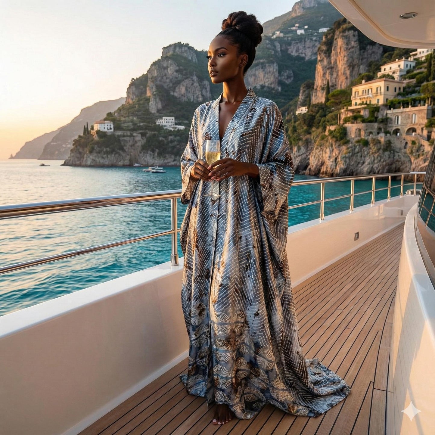 Woman in a long, silk satin kaftan standing on a yacht with a scenic coastal view.