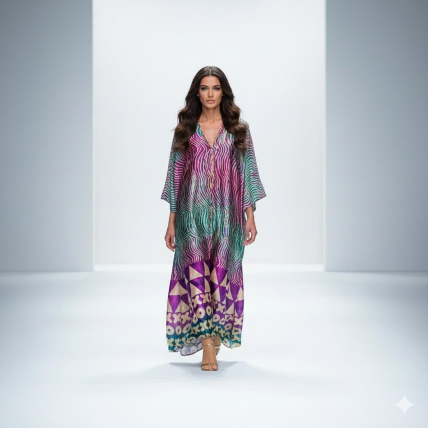 Model wearing a colorful kaftan with geometric patterns on a white background