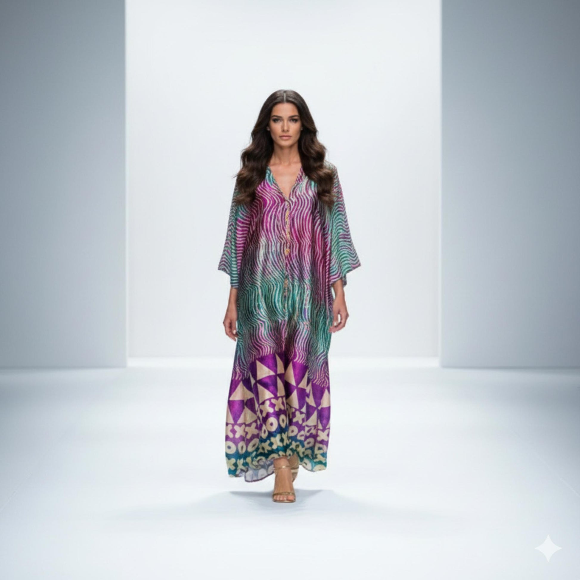 Model wearing a colorful kaftan with geometric patterns on a white background