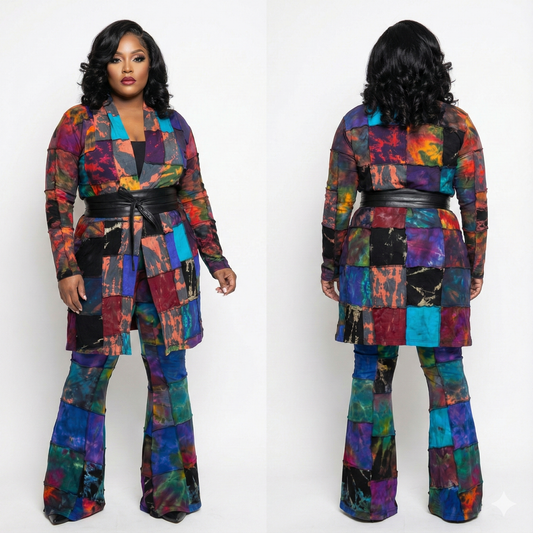 Multicolored patchwork outfit worn by a model on a white background