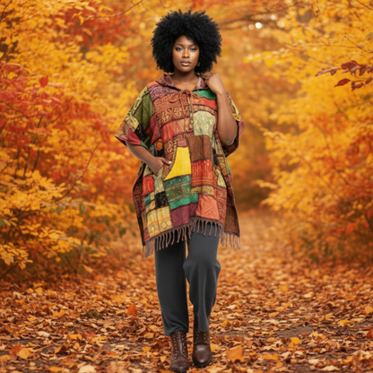Woman wearing a colorful patchwork poncho on a white background