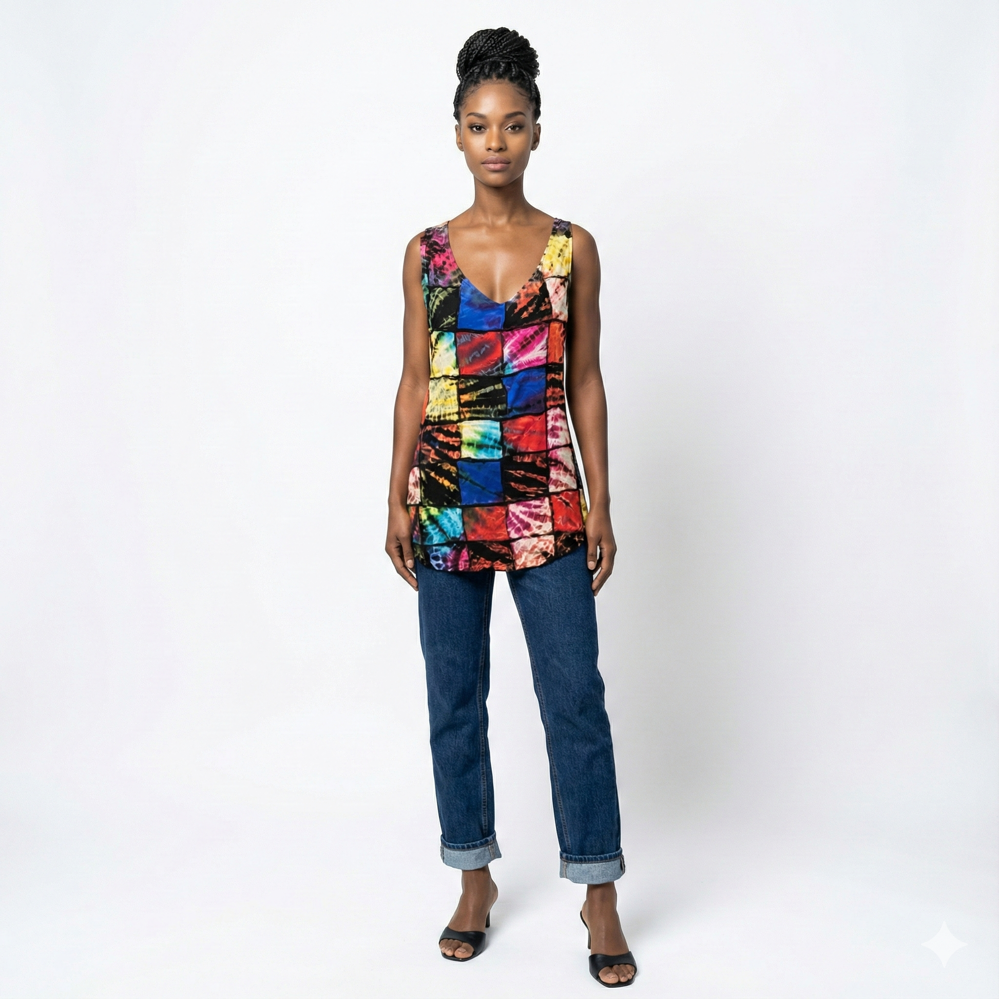 Woman wearing a colorful sleeveless top and jeans on a white background