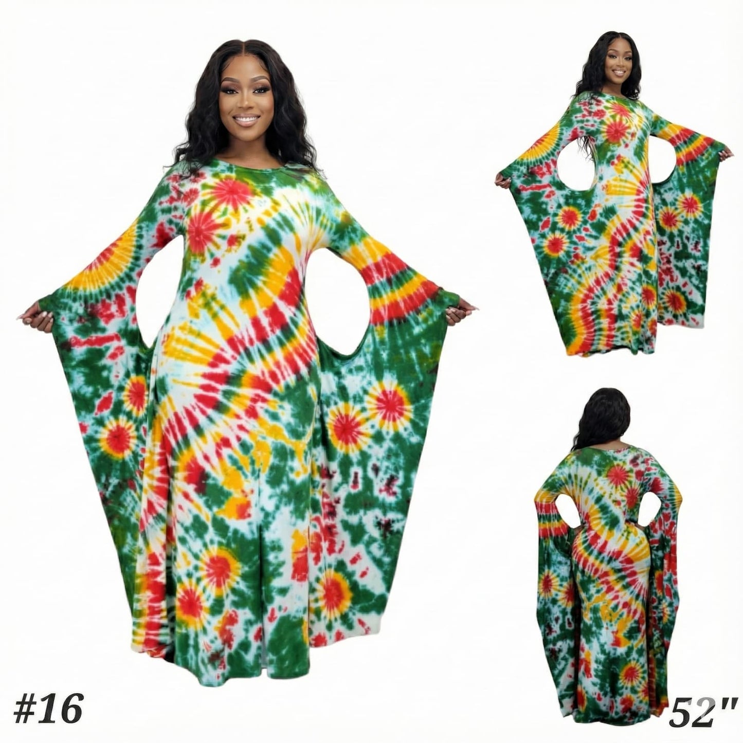 Tie-dye dress with green, red, and yellow pattern worn by a model on a white background.-Sanjules