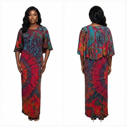 Woman wearing a colorful tie-dye outfit on a white background