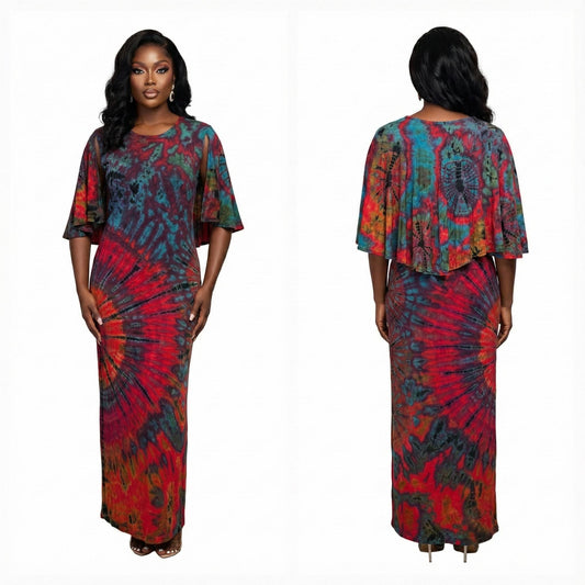 Woman wearing a colorful tie-dye outfit on a white background