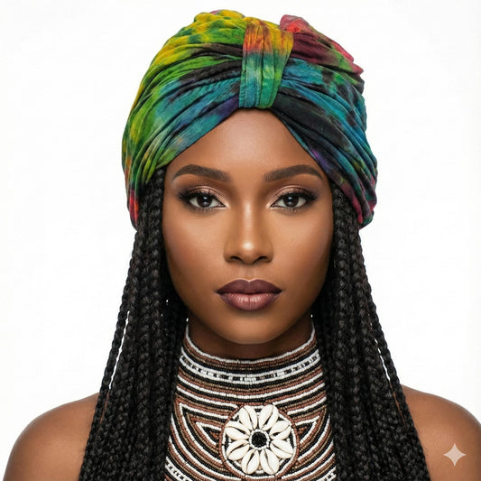 Woman wearing a colorful turban and intricate necklace on a white background