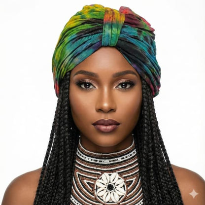 Woman wearing a tiedye turban and intricate necklace on a white background