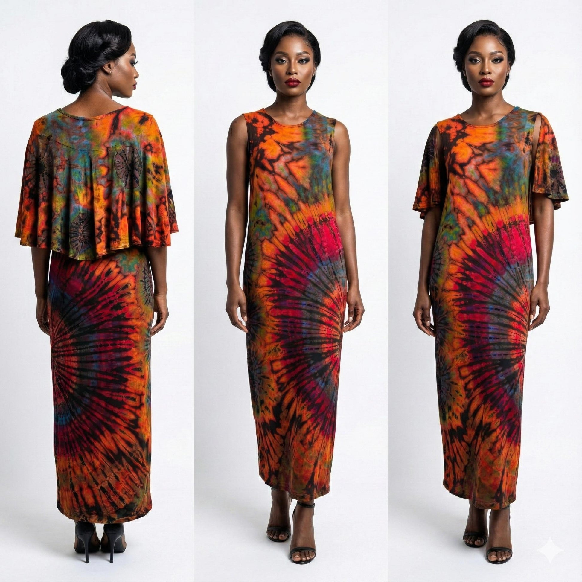 Woman wearing a colorful tie-dye dress on a white background